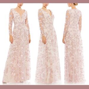 NEW Mac‎ Duggal [ 18 ] Floral Appliqué Long Sleeve Illusion Gown Rose Pink #Q837